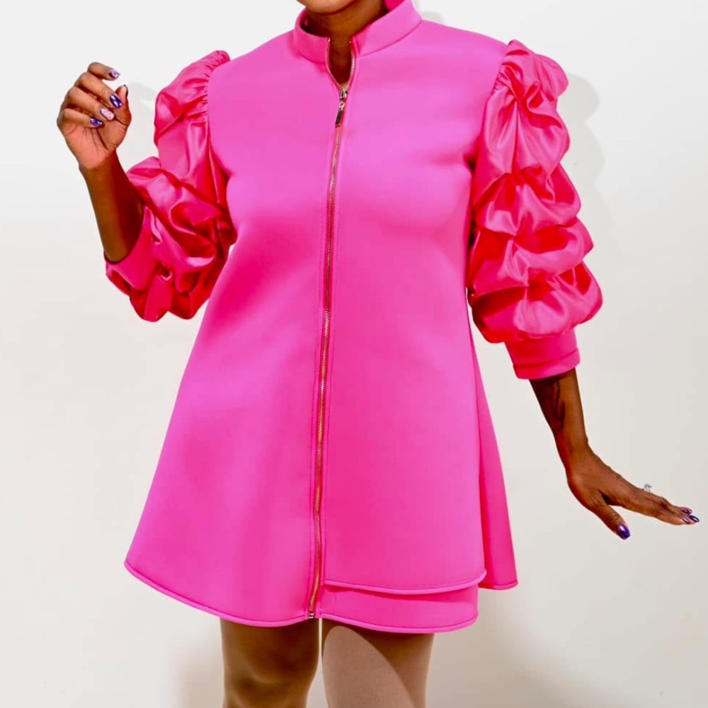 Women’s Plus Size Chic Mock Neck Puff-Sleeve Dress - Picture 2 of 4